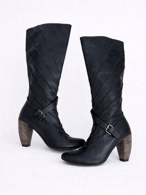 Jump Turbo Black Leather Boots with Buckle Strap & Stacked Heel